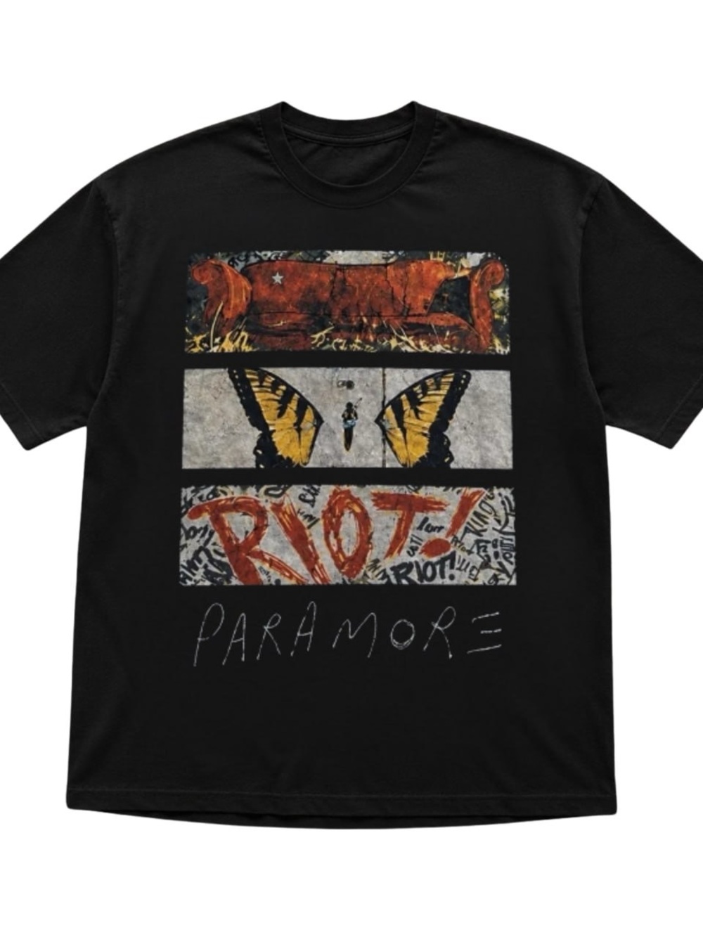 Black Paramore Riot Graphic Tee with Yellow Butterfly